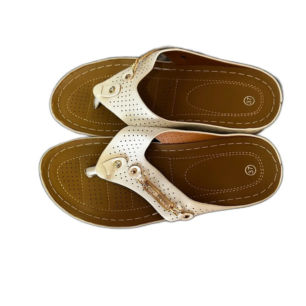 Embellished White Flip Flops, Size 37/6.5, New, Faux Leather